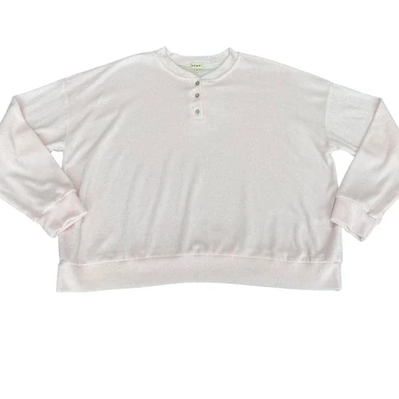 DONNI. Womens Terry Henley Pullover Sweatshirt Top Size XL Pink 3 Button Cropped - Picture 11 of 11